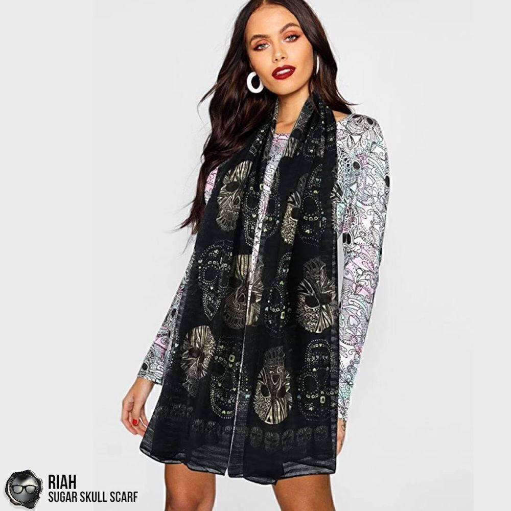 LIGHTWEIGHT GAUZY SUGAR SKULL PRINT SCARF WRAP SHAWL IN BLACK HALLOWEEN MUERTOS